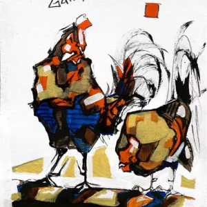 Un coq et une poule qui picore, peinture sur papier de Lola Jamin