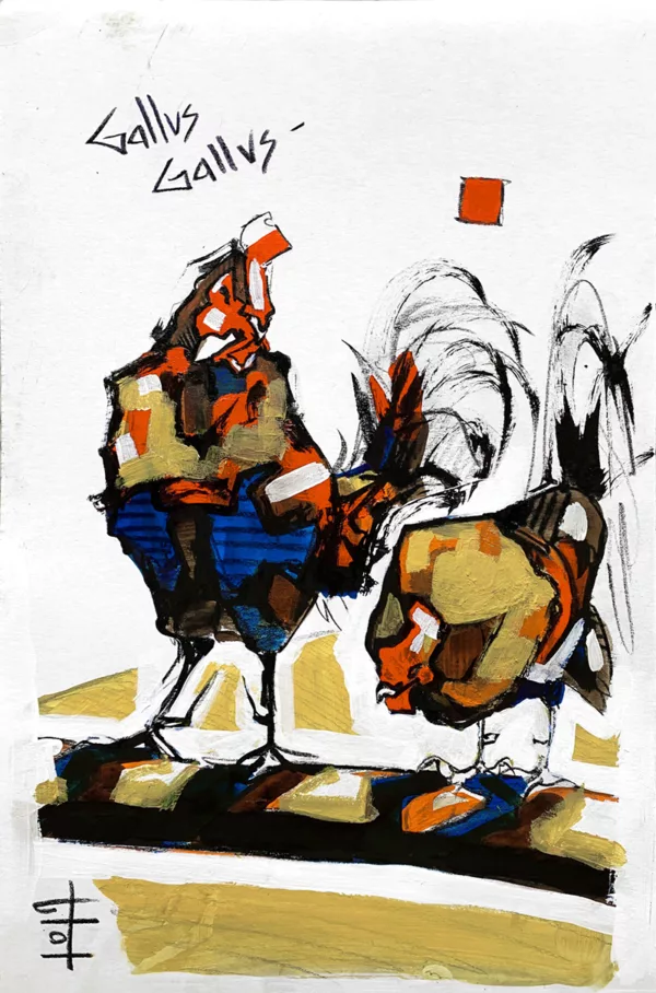 Un coq et une poule qui picore, peinture sur papier de Lola Jamin