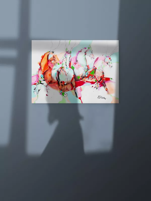 Peinture de Patrick Gisselbrecht, Quadrige en situation sur un mur avec une ombre de femme