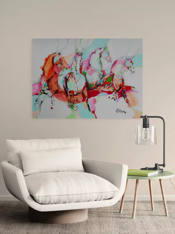 Peinture de Patrick Gisselbrecht, Quadrige en situation au mur derrière un fauteuil