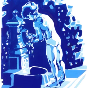 Petit garçon à la fontaine, peinture sur papier de Lola jamin