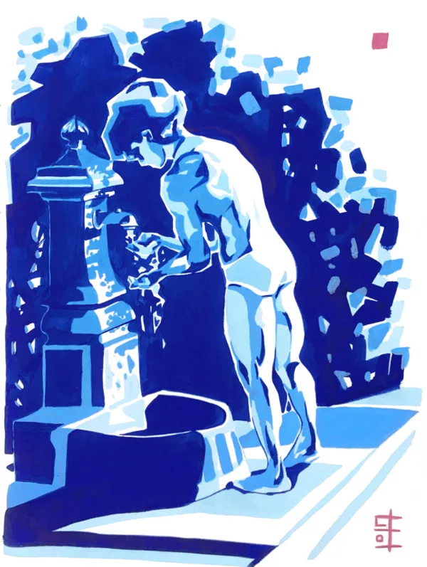 Petit garçon à la fontaine, peinture sur papier de Lola jamin