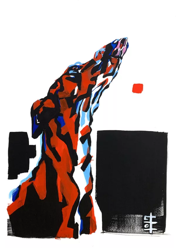Peinture sur papier de la tête d'un Whippet qui regarde en l'air
