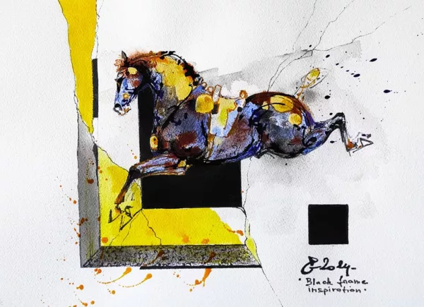 Peinture d'un cheval, Acrylique et encre sur papier, de Patrick Gisselbrecht, série Black Frame Inspiration