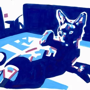 Peinture de Lola Jamin d'un chat couché sur le dos pattes en l'air
