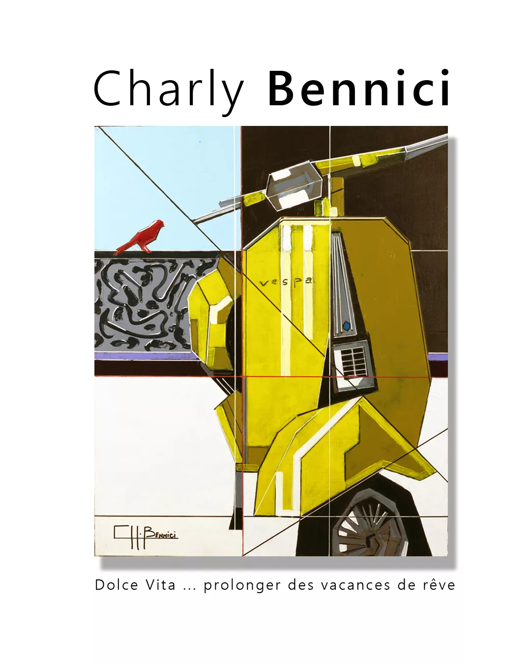 Peinture de Charly Bennici représentant un scooteur jaune marqué vespa